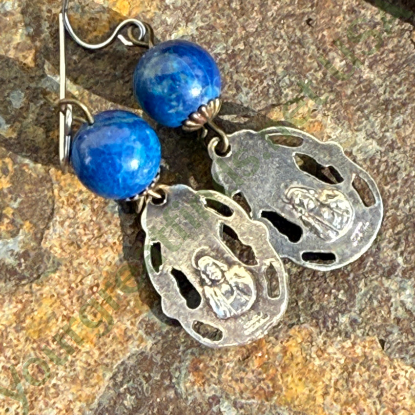 Vintage Sterling Silver & Lapis Lazuli Sacred Mother Pierced Earrings earrings