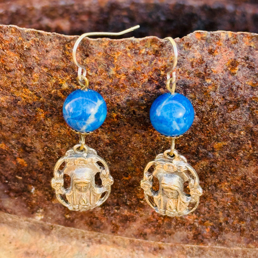 Vintage Sterling Silver & Lapis Lazuli Sacred Mother Pierced Earrings earrings