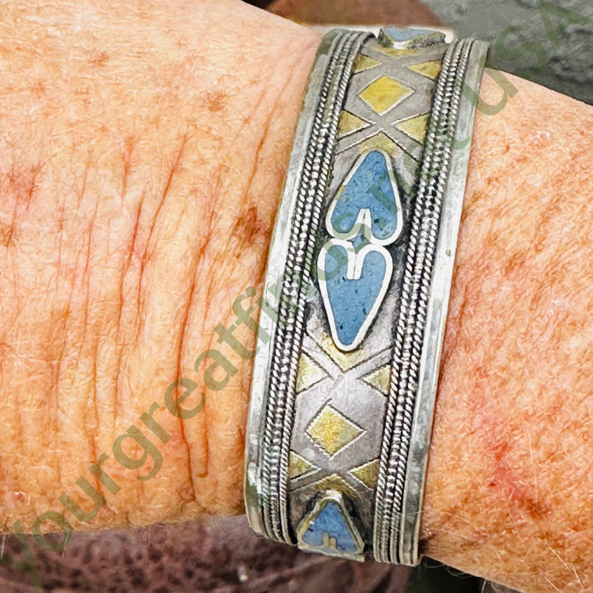 Vintage Sterling Silver Lapis Mosaic Heart Cuff Bracelet Bracelet