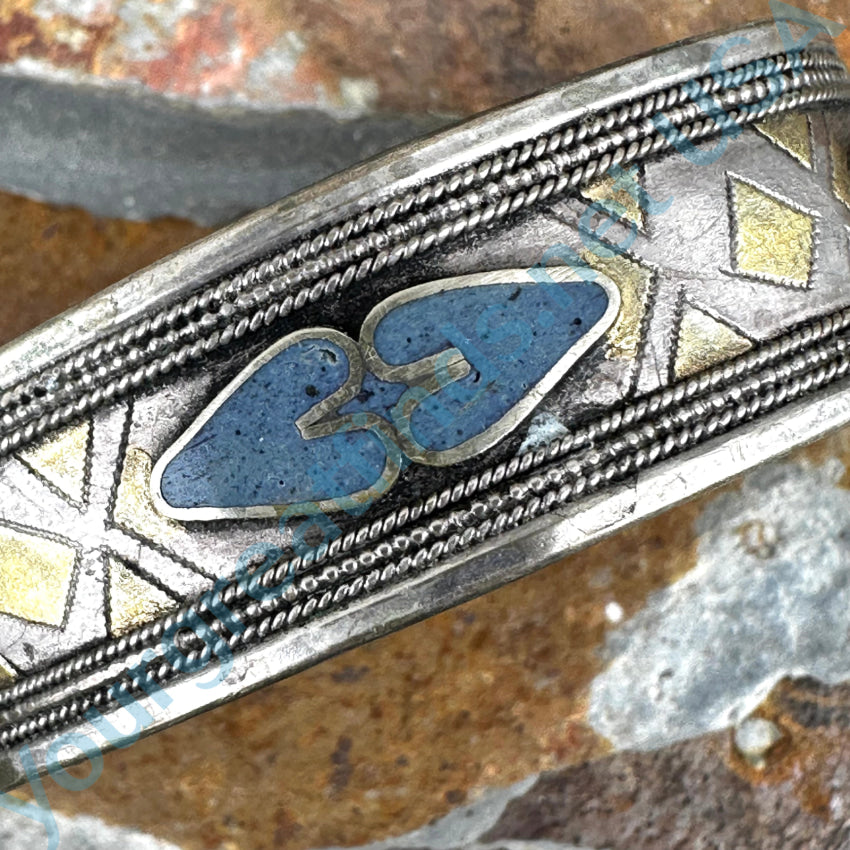 Vintage Sterling Silver Lapis Mosaic Heart Cuff Bracelet Bracelet