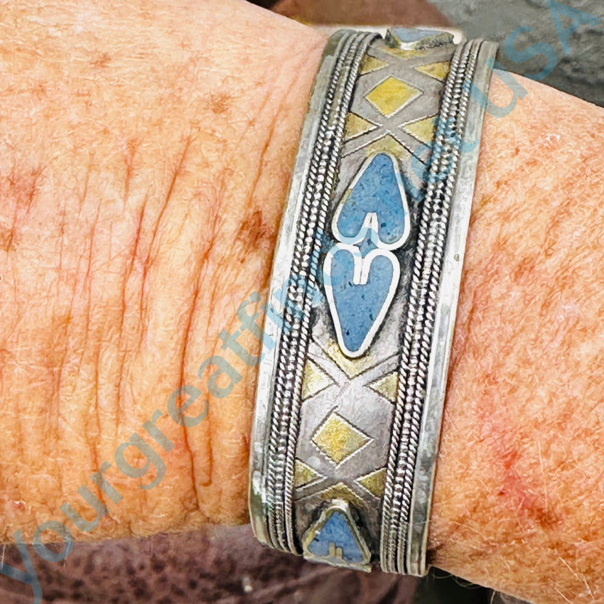 Vintage Sterling Silver Lapis Mosaic Heart Cuff Bracelet Bracelet