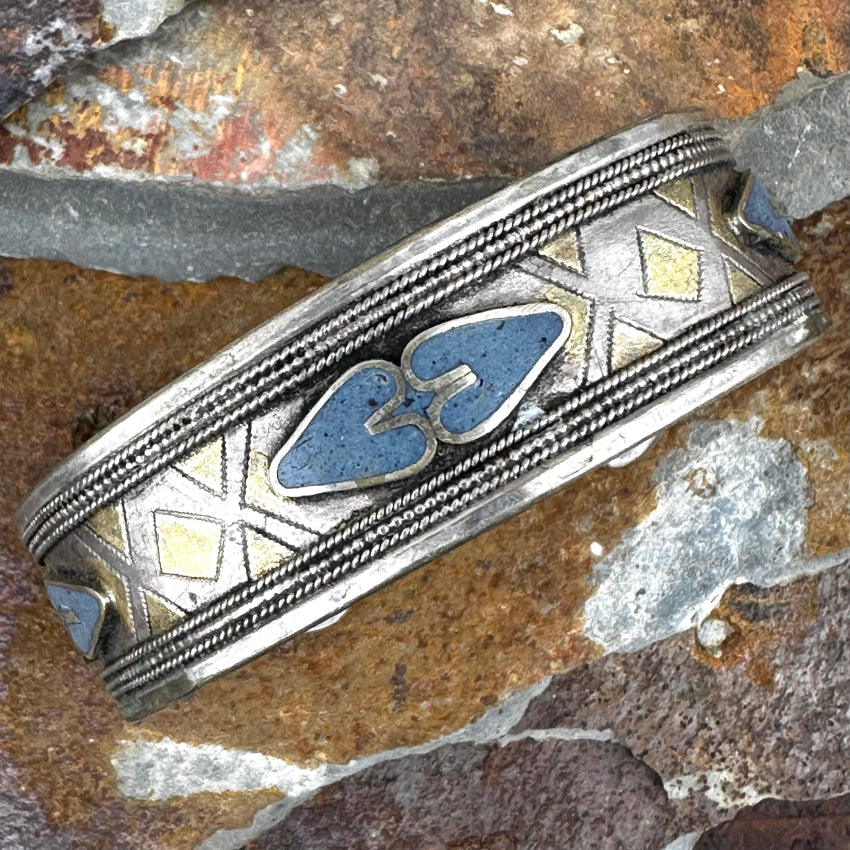 Vintage Sterling Silver Lapis Mosaic Heart Cuff Bracelet Bracelet