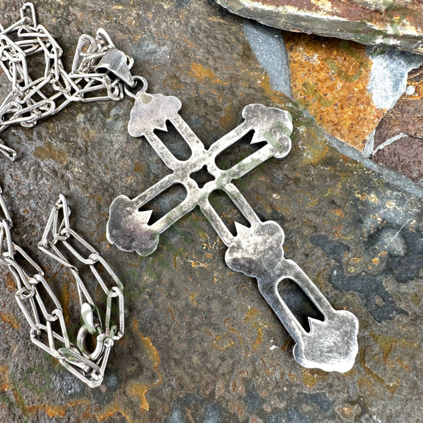 Vintage Sterling Silver Large Cross Pendant & Chain Necklace Mexico