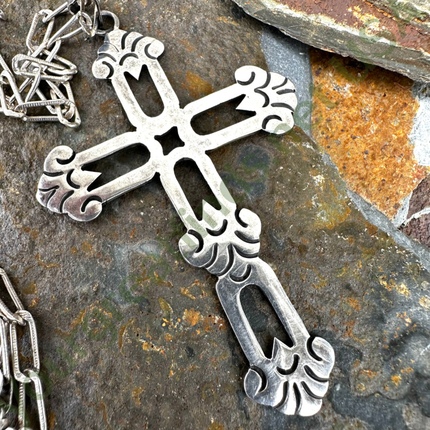 Vintage Sterling Silver Large Cross Pendant & Chain Necklace Mexico