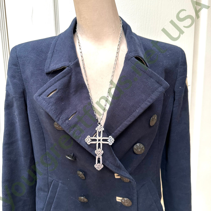 Vintage Sterling Silver Large Cross Pendant & Chain Necklace Mexico