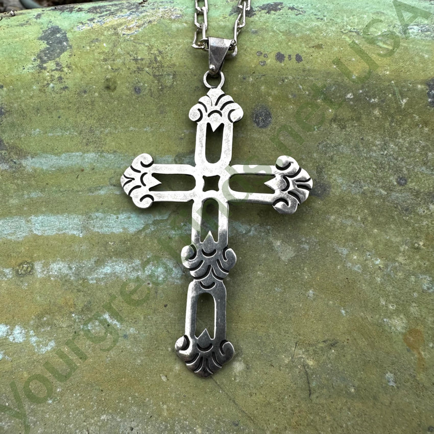 Vintage Sterling Silver Large Cross Pendant & Chain Necklace Mexico