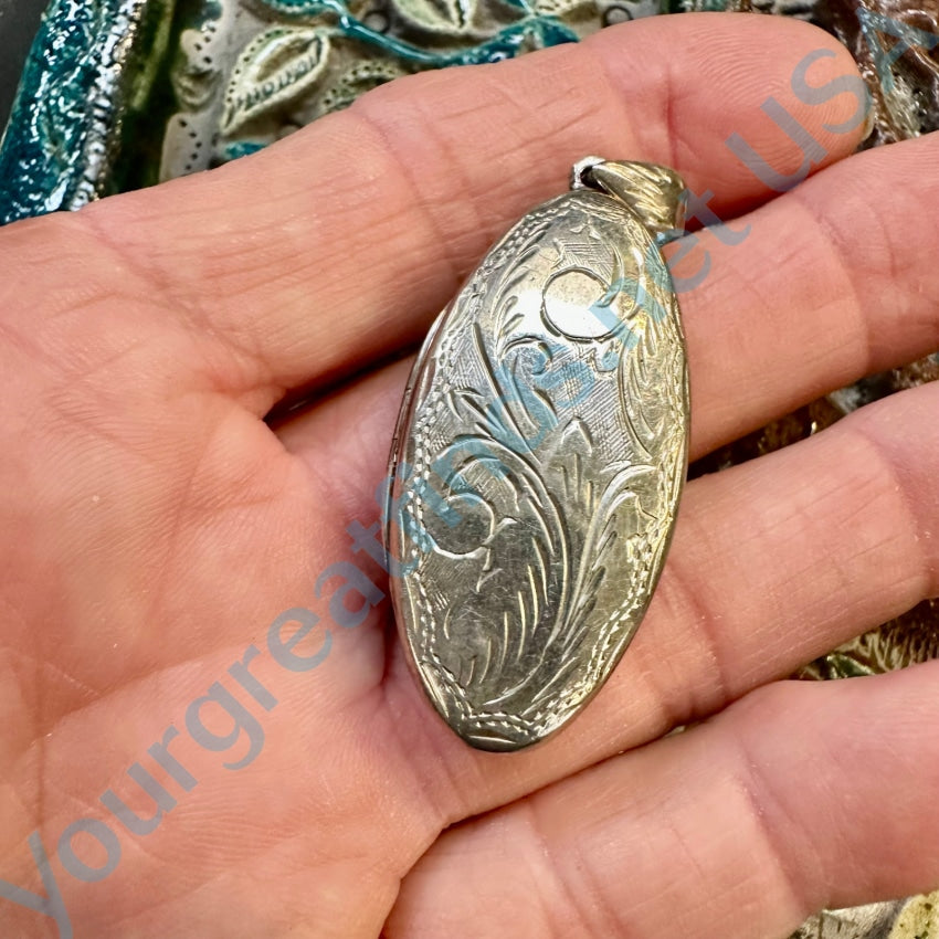 Vintage Sterling Silver Long Oval Etched Decorated Locket Pendant