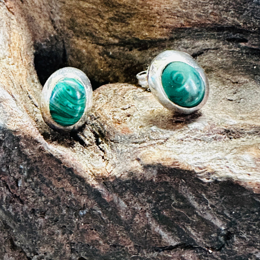 Vintage Sterling Silver & Malachite Pierced Post Stud Earrings Earrings