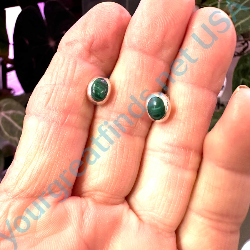 Vintage Sterling Silver & Malachite Pierced Post Stud Earrings Earrings