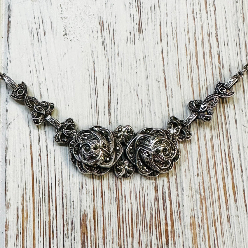 Vintage Sterling Silver & Marcasite Rose Necklace Germany