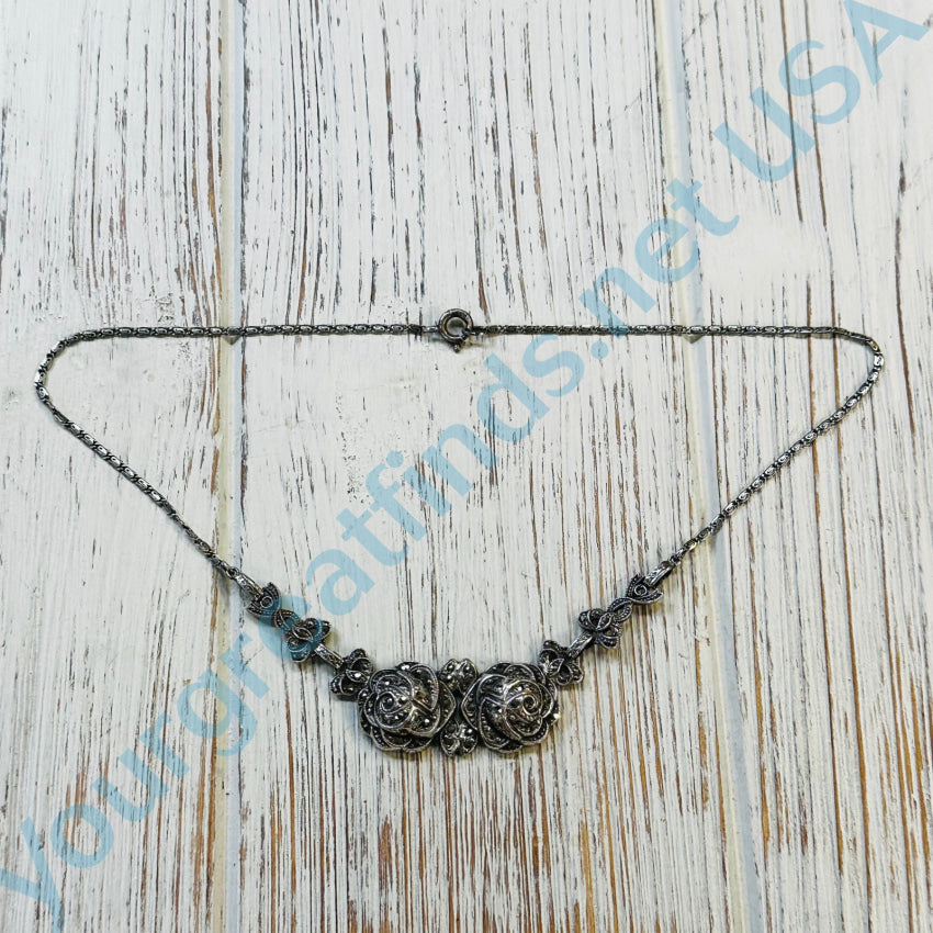 Vintage Sterling Silver &amp; Marcasite Rose Necklace Germany