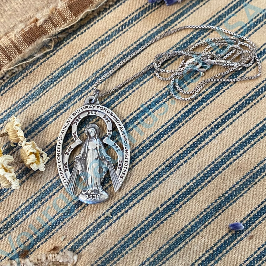 Vintage Sterling Silver Miraculous Mary Devotional Necklace
