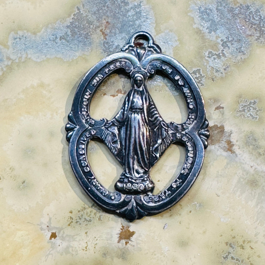Vintage Sterling Silver Miraculous Mary Devotional Pendant