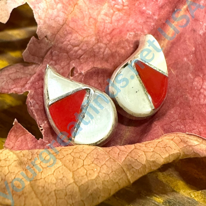 Vintage Sterling Silver Mother-Of-Pearl Coral Pierced Stud Earrings