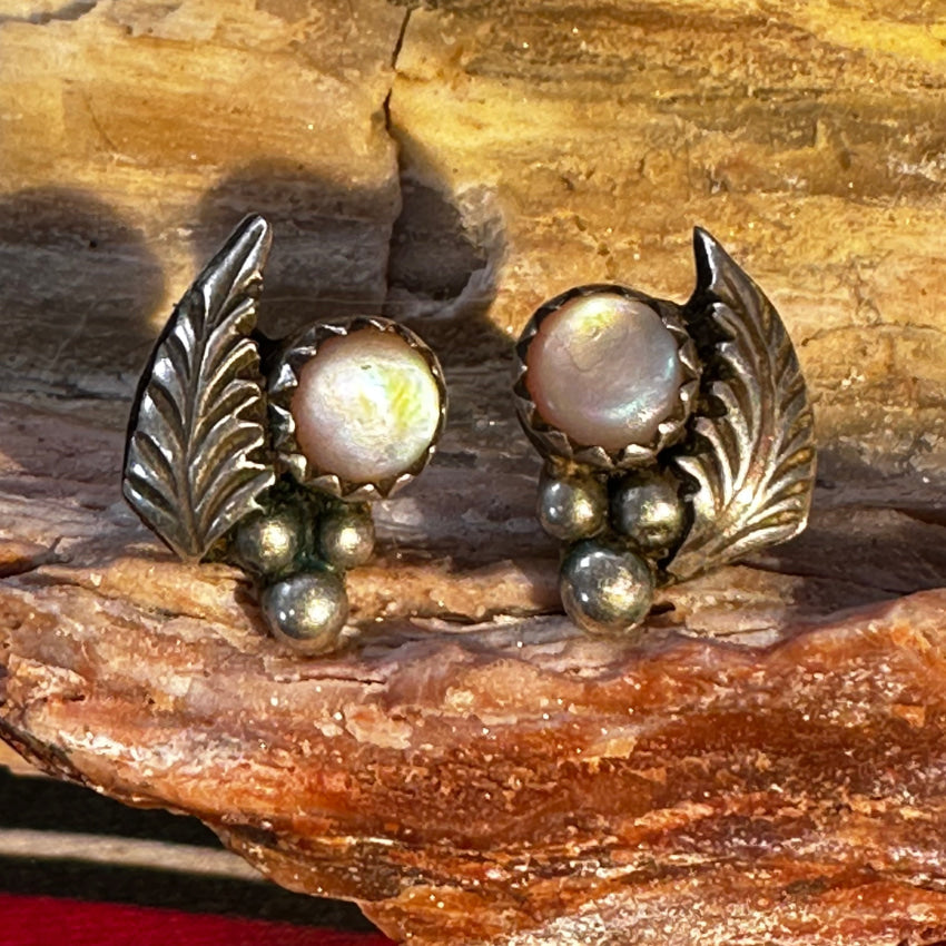 Vintage Sterling Silver & Mother-Of-Pearl Pierced Post Earrings Earrings