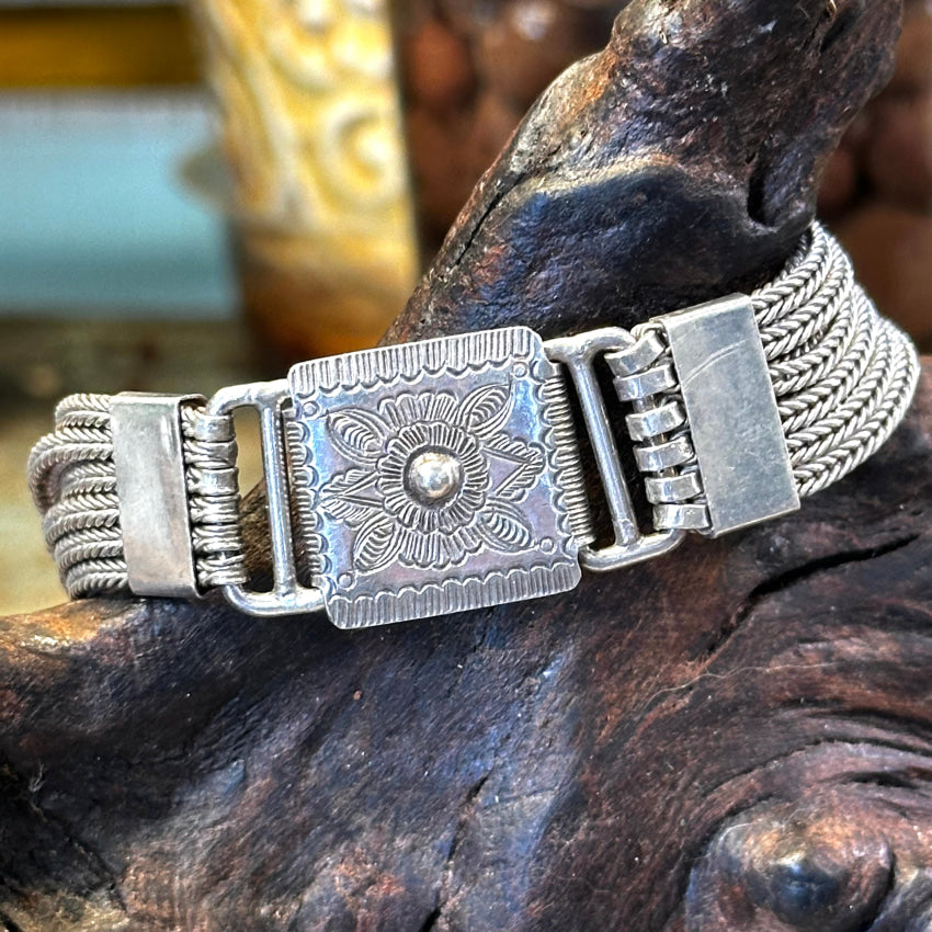 Vintage Sterling Silver Multi-Cable Bracelet Etched Clasp