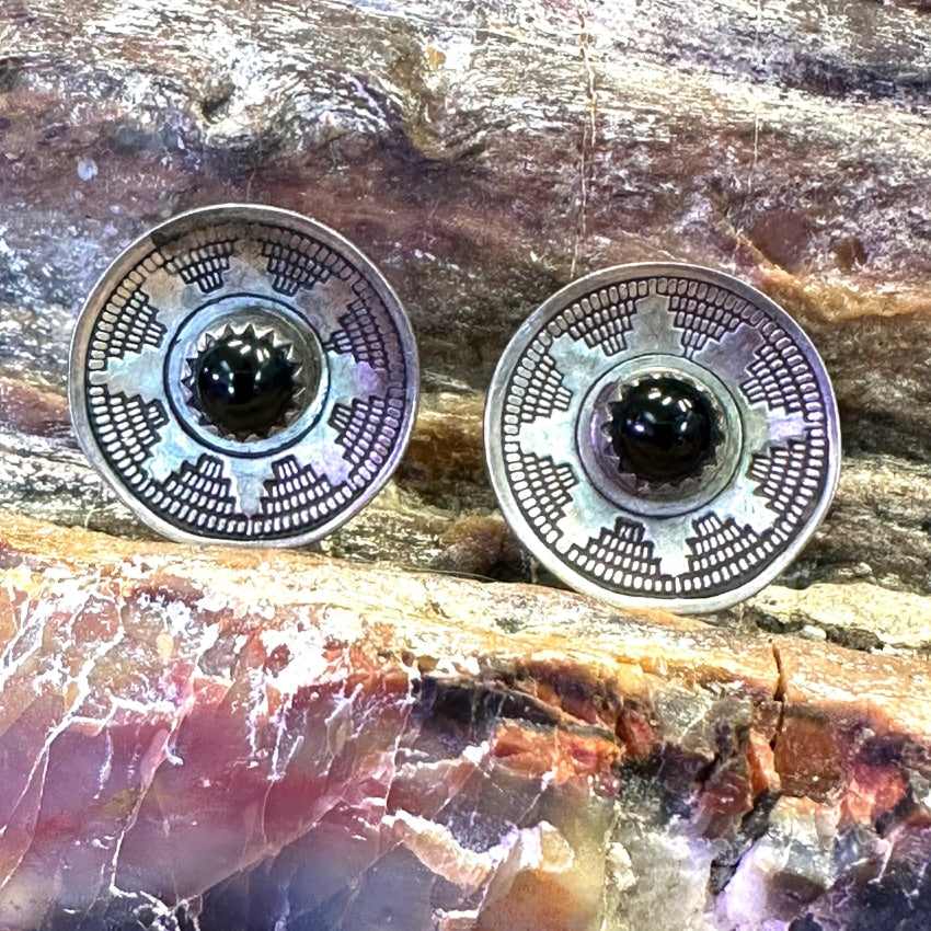 Vintage Sterling Silver Navajo Basket Design Onyx Earrings Pierced