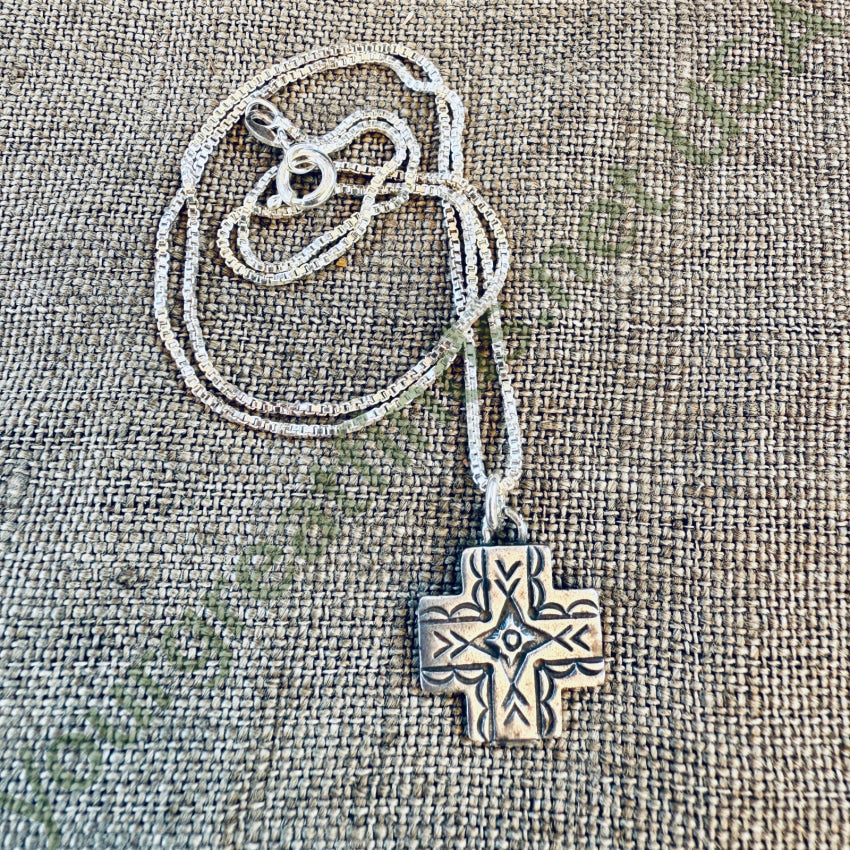 Vintage Sterling Silver Navajo Stamped Cross Pendant & Chain Necklace earrings