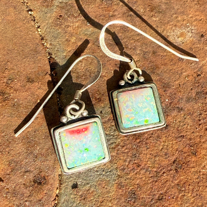 Vintage Sterling Silver & Opal Pierced Earrings earrings