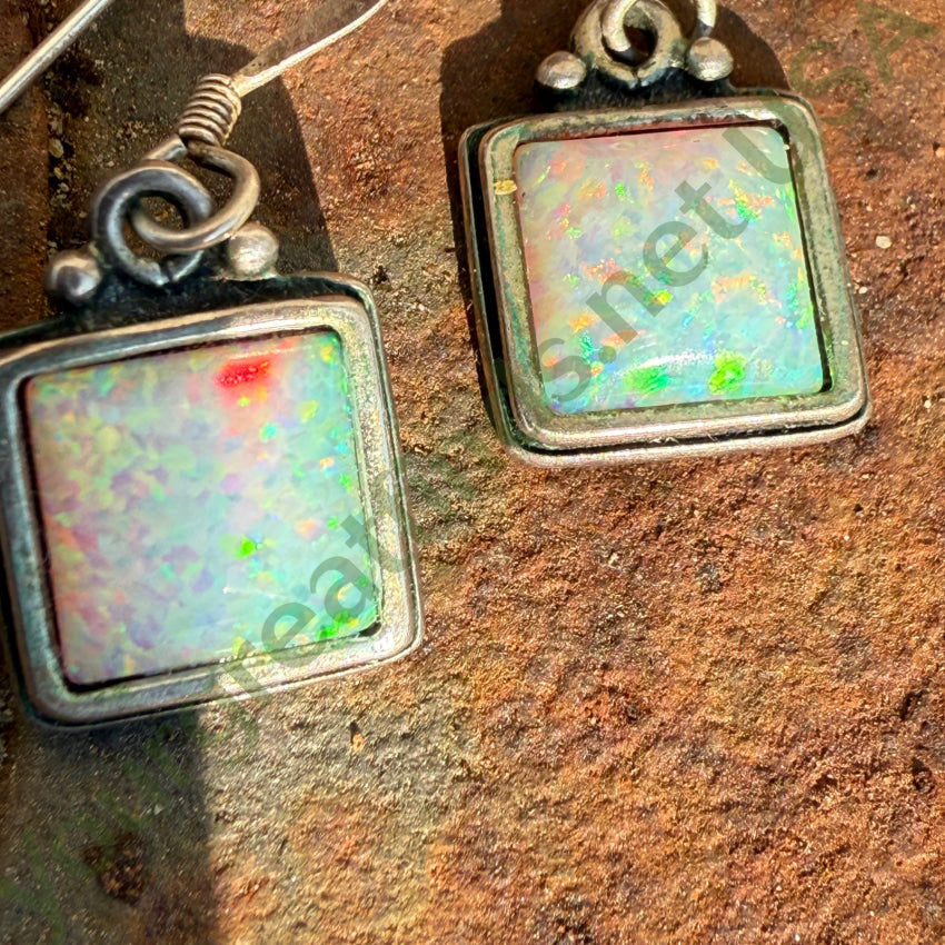 Vintage Sterling Silver & Opal Pierced Earrings earrings