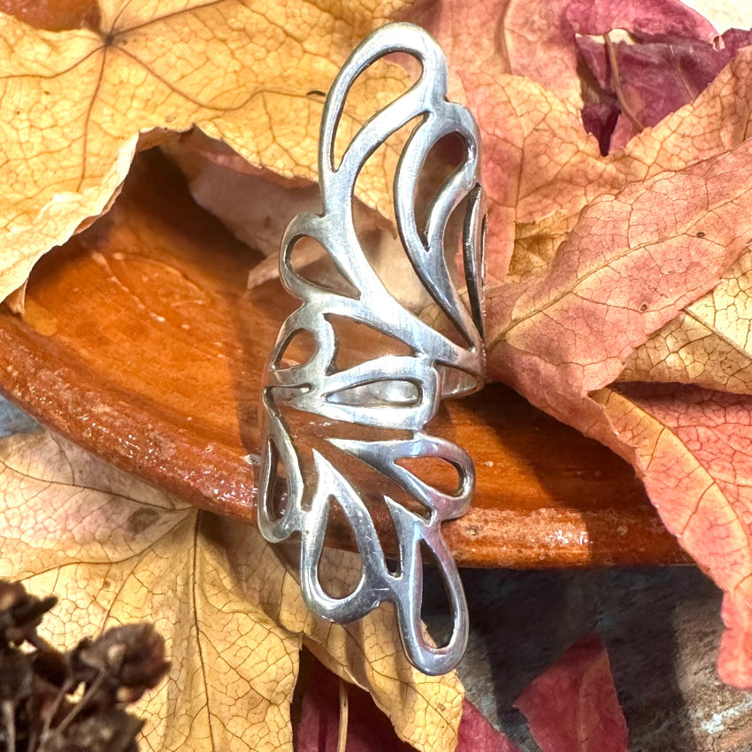 Vintage Sterling Silver Open Work Long Ring Size 6