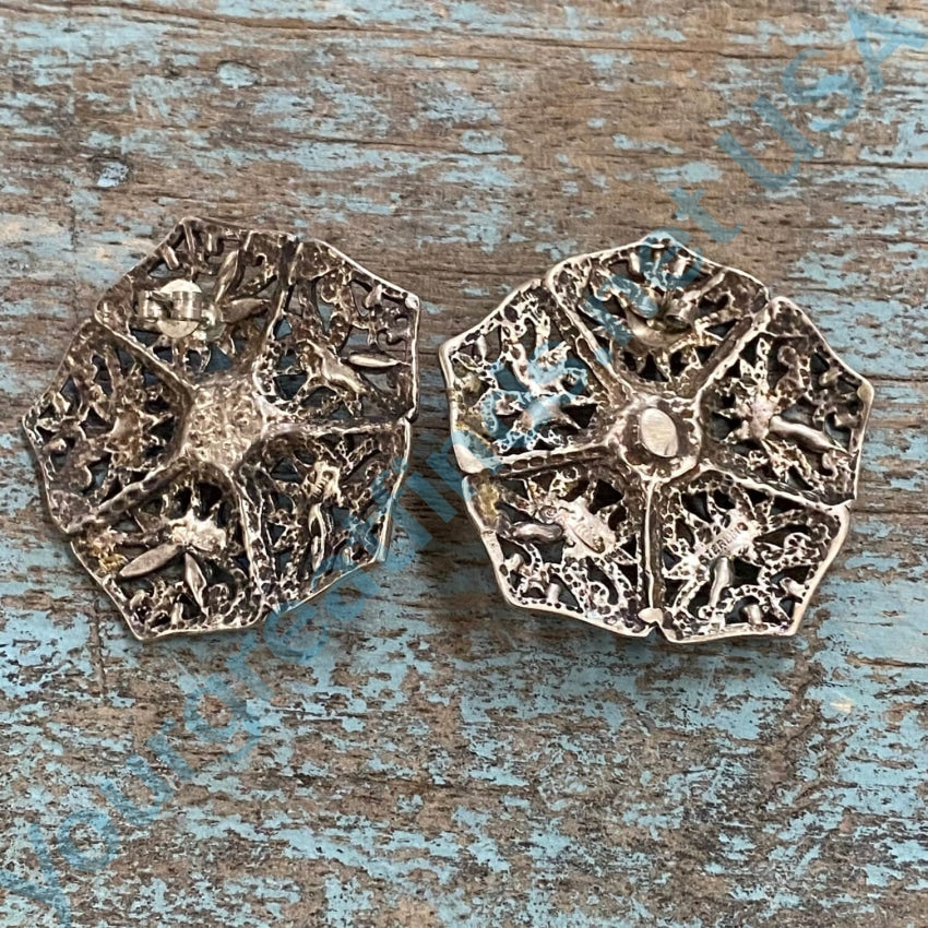 Vintage Sterling Silver Openwork Flower Pierced Earrings