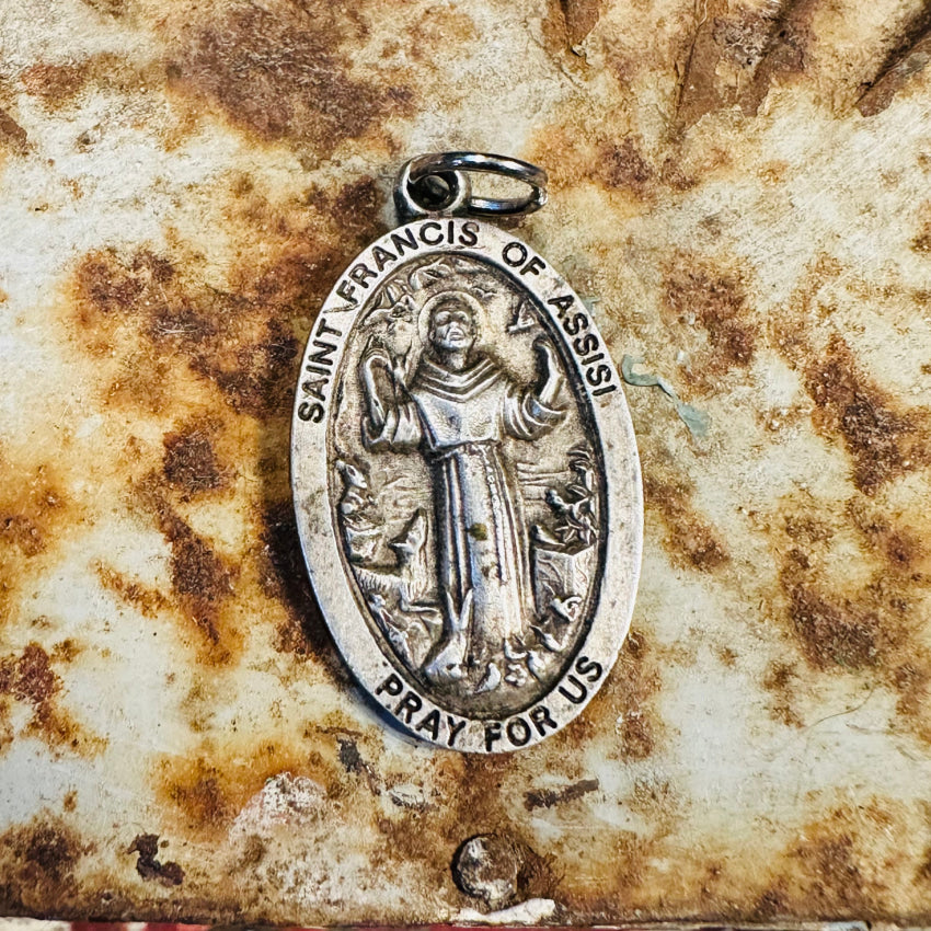 Vintage Sterling Silver Oval St. Francis Protection Pendant