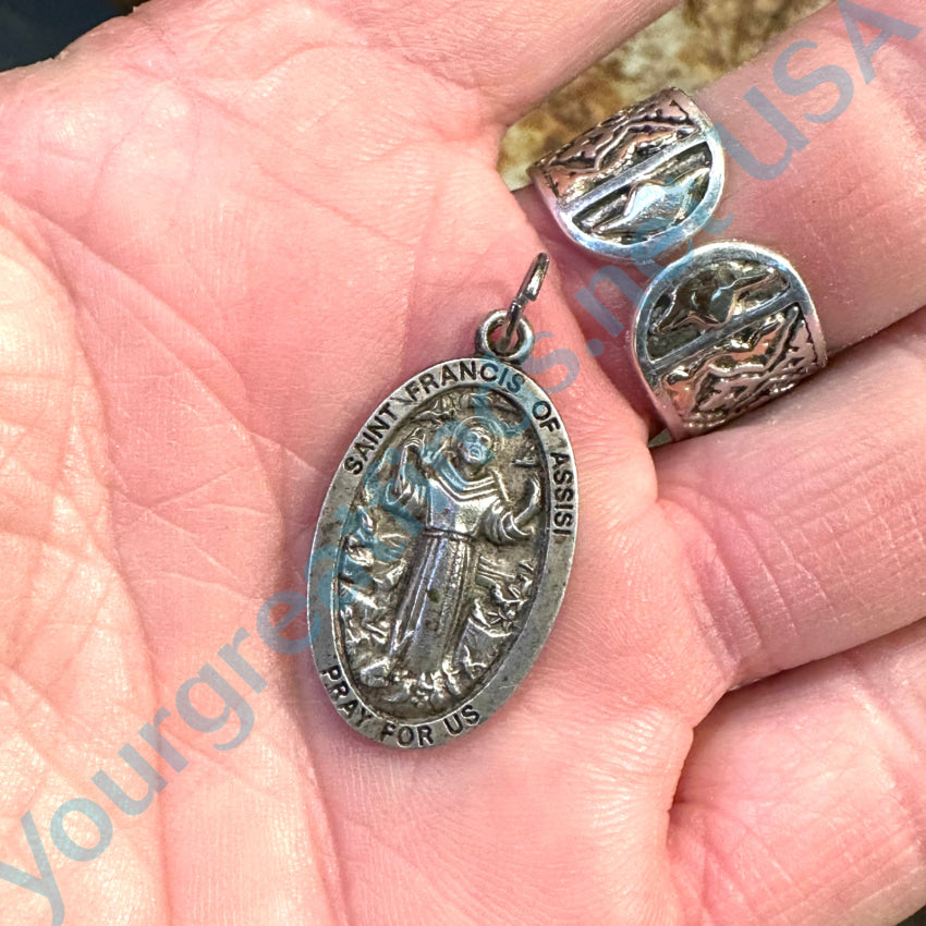 Vintage Sterling Silver Oval St. Francis Protection Pendant