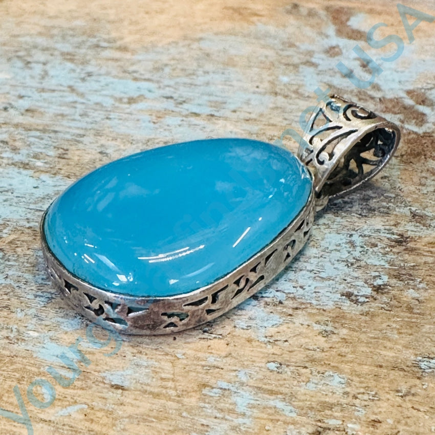 Vintage Sterling Silver Oversized Pendant With Blue Glass