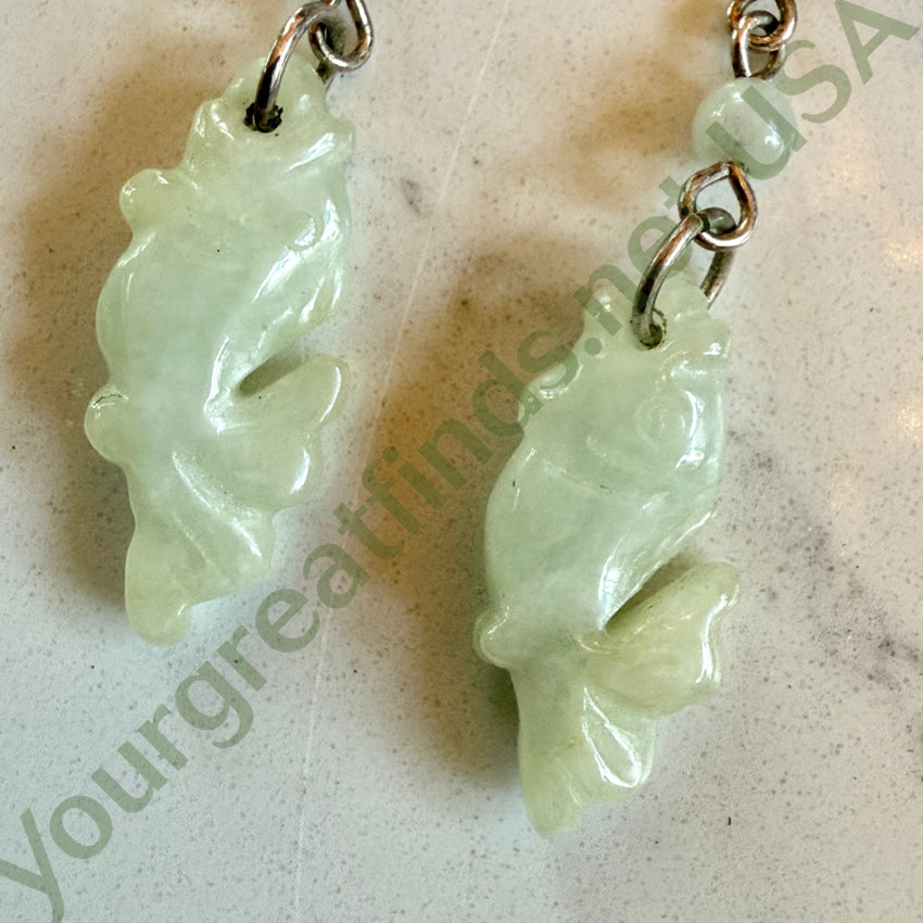 Vintage Sterling Silver & Pale Green Jade Fish Pierced Earrings earrings