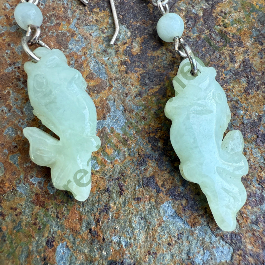Vintage Sterling Silver & Pale Green Jade Fish Pierced Earrings earrings