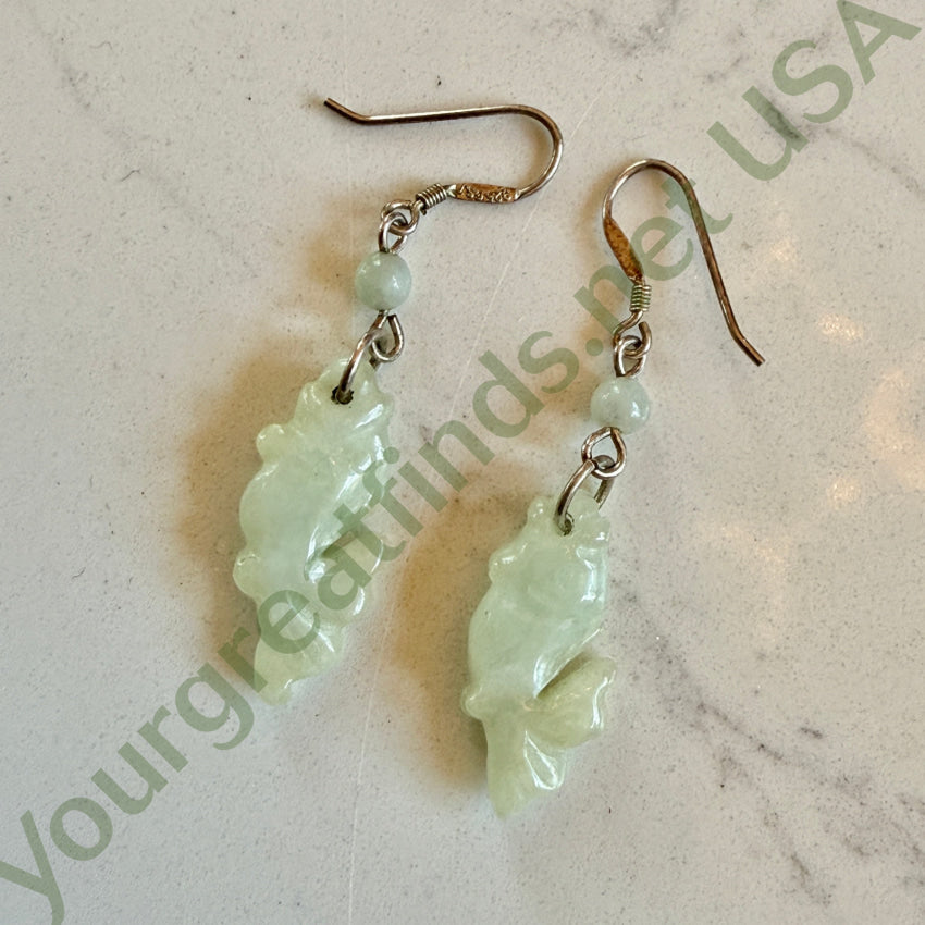 Vintage Sterling Silver & Pale Green Jade Fish Pierced Earrings earrings