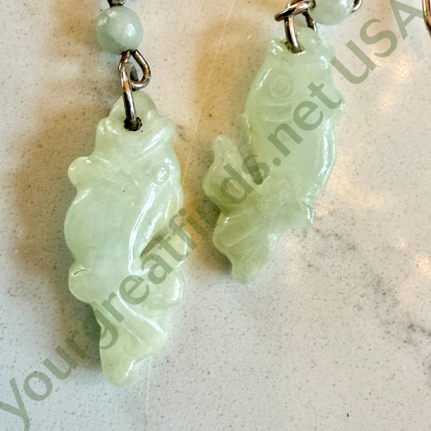 Vintage Sterling Silver & Pale Green Jade Fish Pierced Earrings earrings