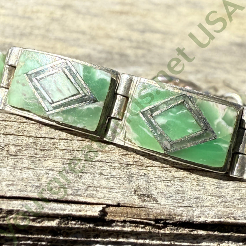 Vintage Sterling Silver Panel Bracelet Mint Green & White Glass Inlay bracelet