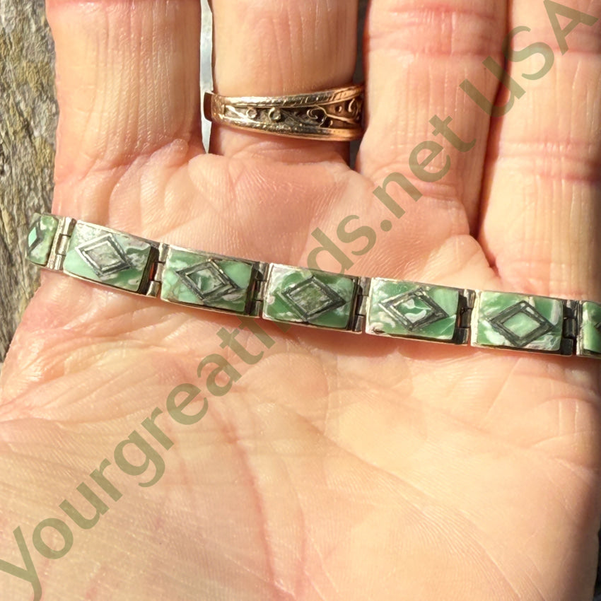 Vintage Sterling Silver Panel Bracelet Mint Green & White Glass Inlay bracelet