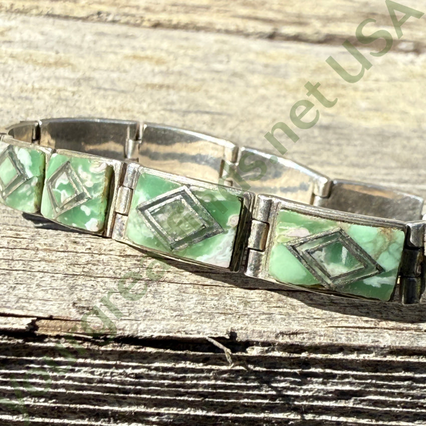 Vintage Sterling Silver Panel Bracelet Mint Green & White Glass Inlay bracelet