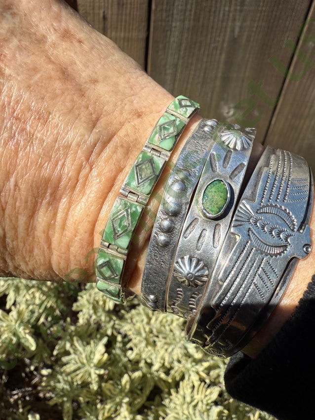 Vintage Sterling Silver Panel Bracelet Mint Green & White Glass Inlay bracelet