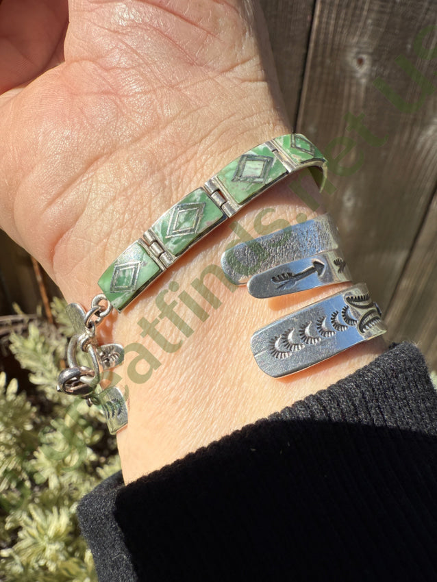 Vintage Sterling Silver Panel Bracelet Mint Green & White Glass Inlay bracelet