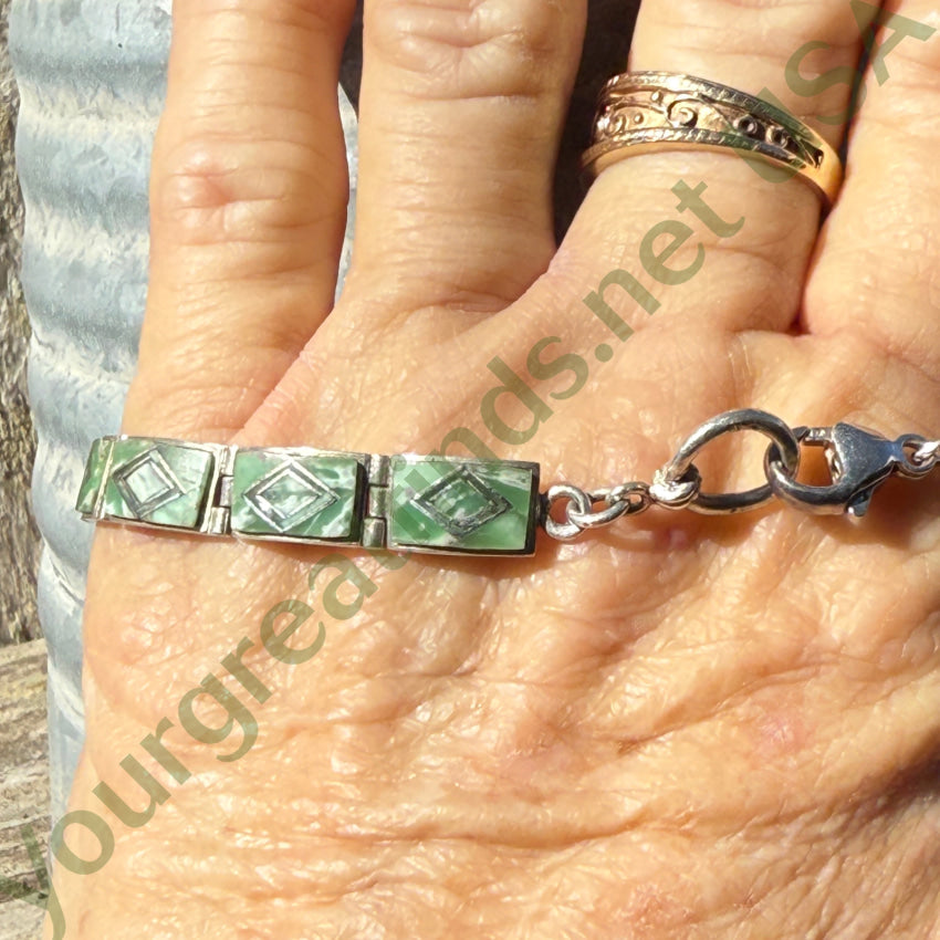 Vintage Sterling Silver Panel Bracelet Mint Green & White Glass Inlay bracelet