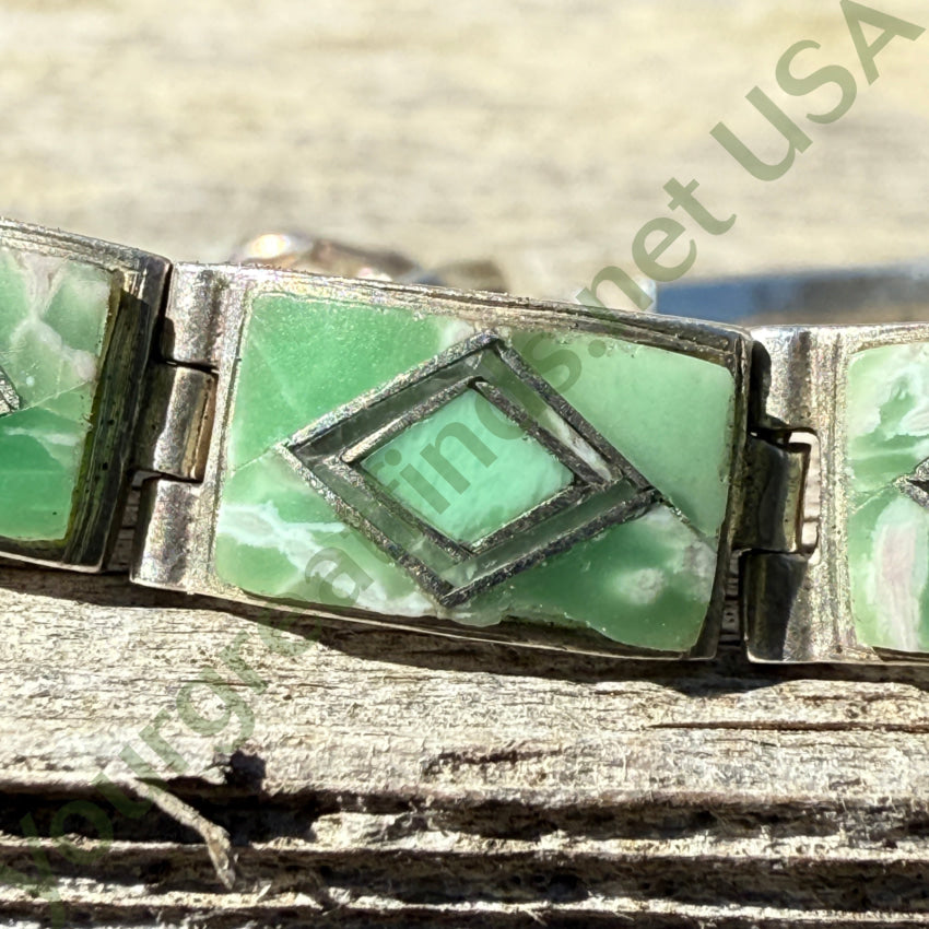 Vintage Sterling Silver Panel Bracelet Mint Green & White Glass Inlay bracelet