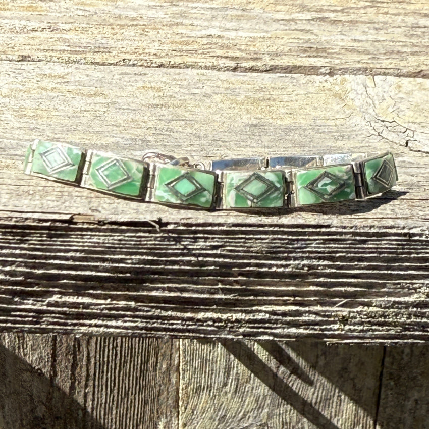 Vintage Sterling Silver Panel Bracelet Mint Green & White Glass Inlay bracelet