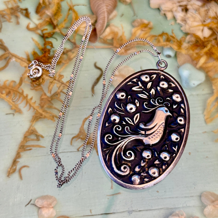 Vintage Sterling Silver Partridge Pear Tree Medallion Necklace necklace