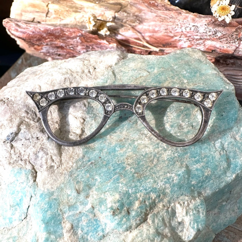 Vintage Sterling Silver Paste Cat Eye Eyeglass Frame Pin
