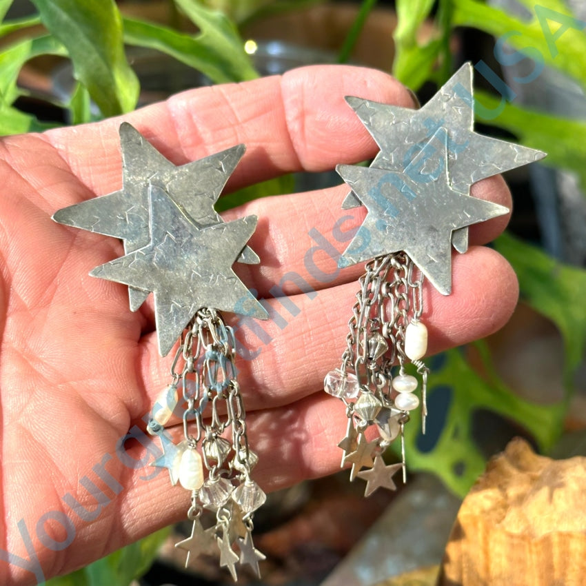 Vintage Sterling Silver Pearl Shooting Star Earrings Pierced