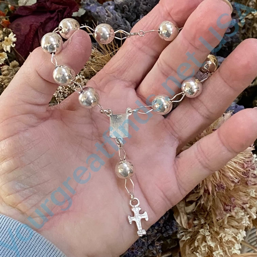 Vintage Sterling Silver Pearls Rosary Style Cross Bracelet