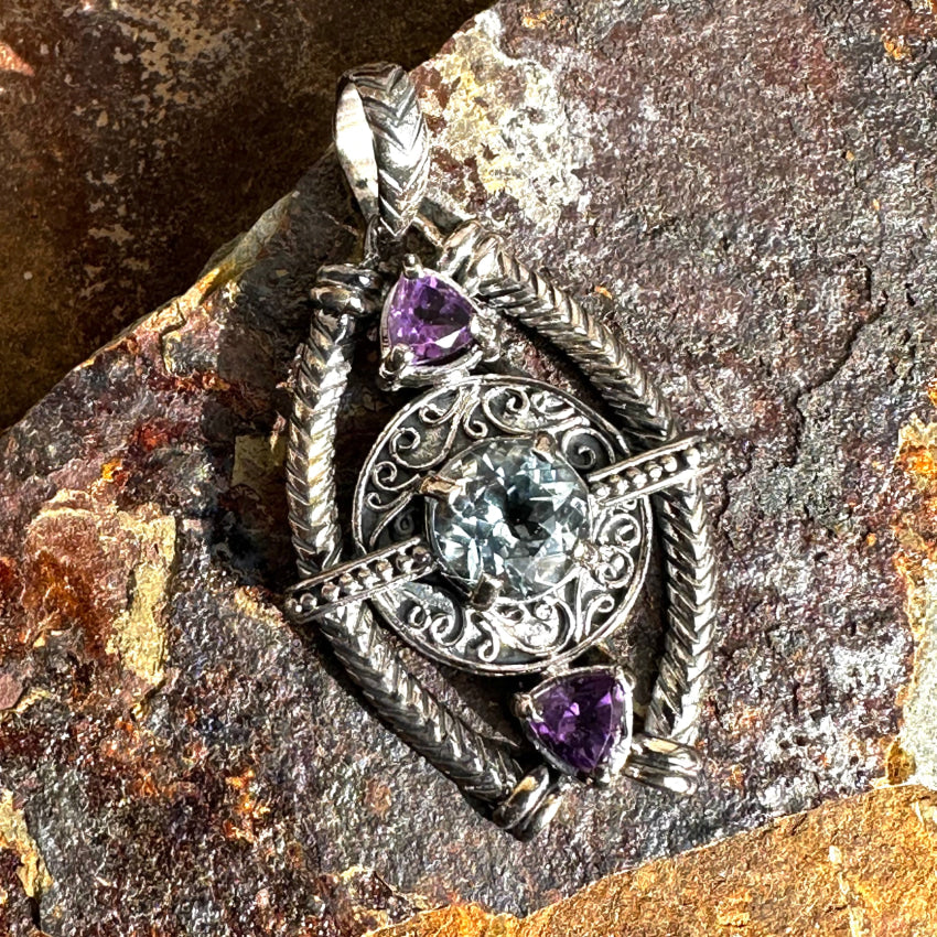 Vintage Sterling Silver Pendant Blue Topaz & Amethyst Pendant