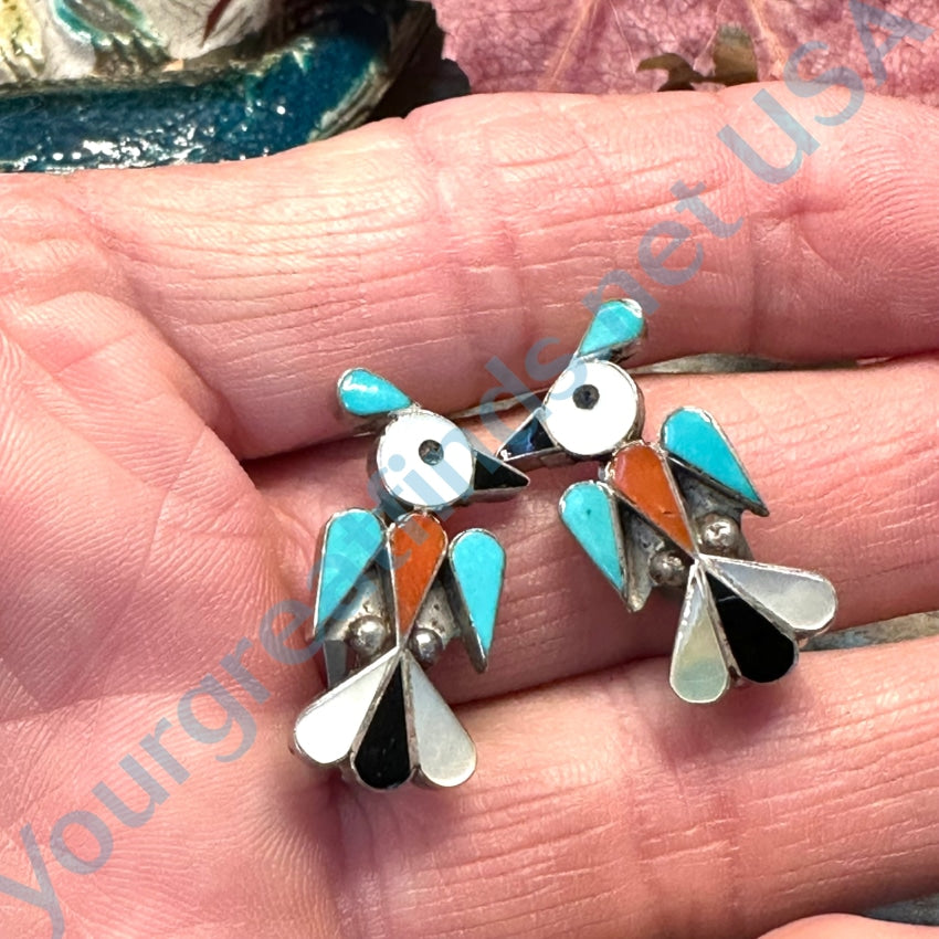Vintage Sterling Silver Peyote Bird Clip Earrings Turquoise Inlay