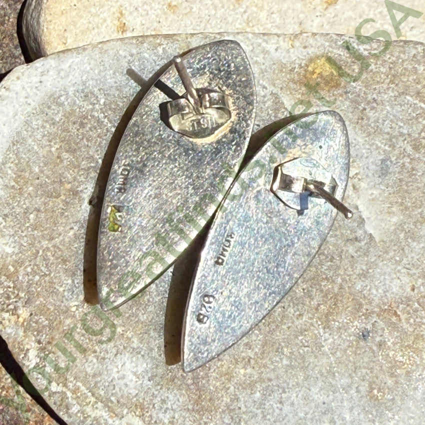 Vintage Sterling Silver Pierced Earrings Faux Malachite ring