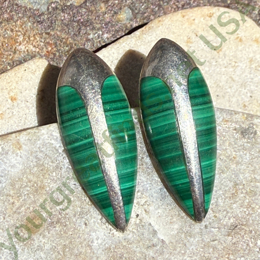 Vintage Sterling Silver Pierced Earrings Faux Malachite ring