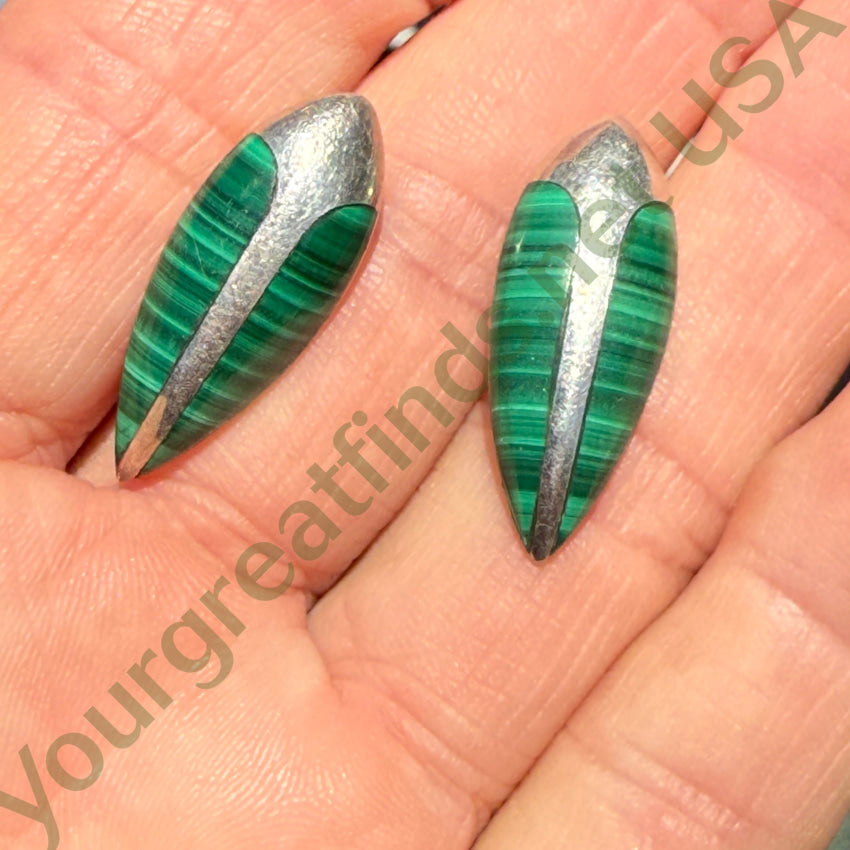 Vintage Sterling Silver Pierced Earrings Faux Malachite ring